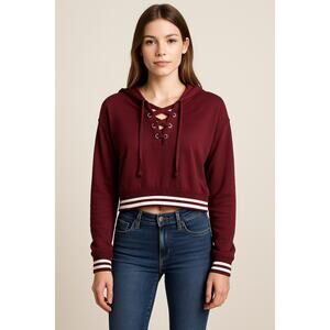Cropped hoodie lace up burgundy racer stripe express one eleven sporty top small